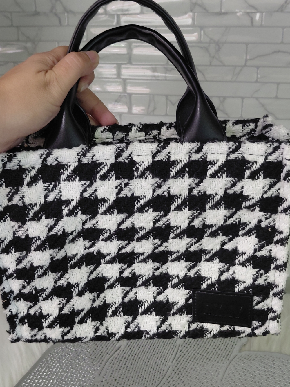 Black & White Houndstooth Tote Bag with Black Handles